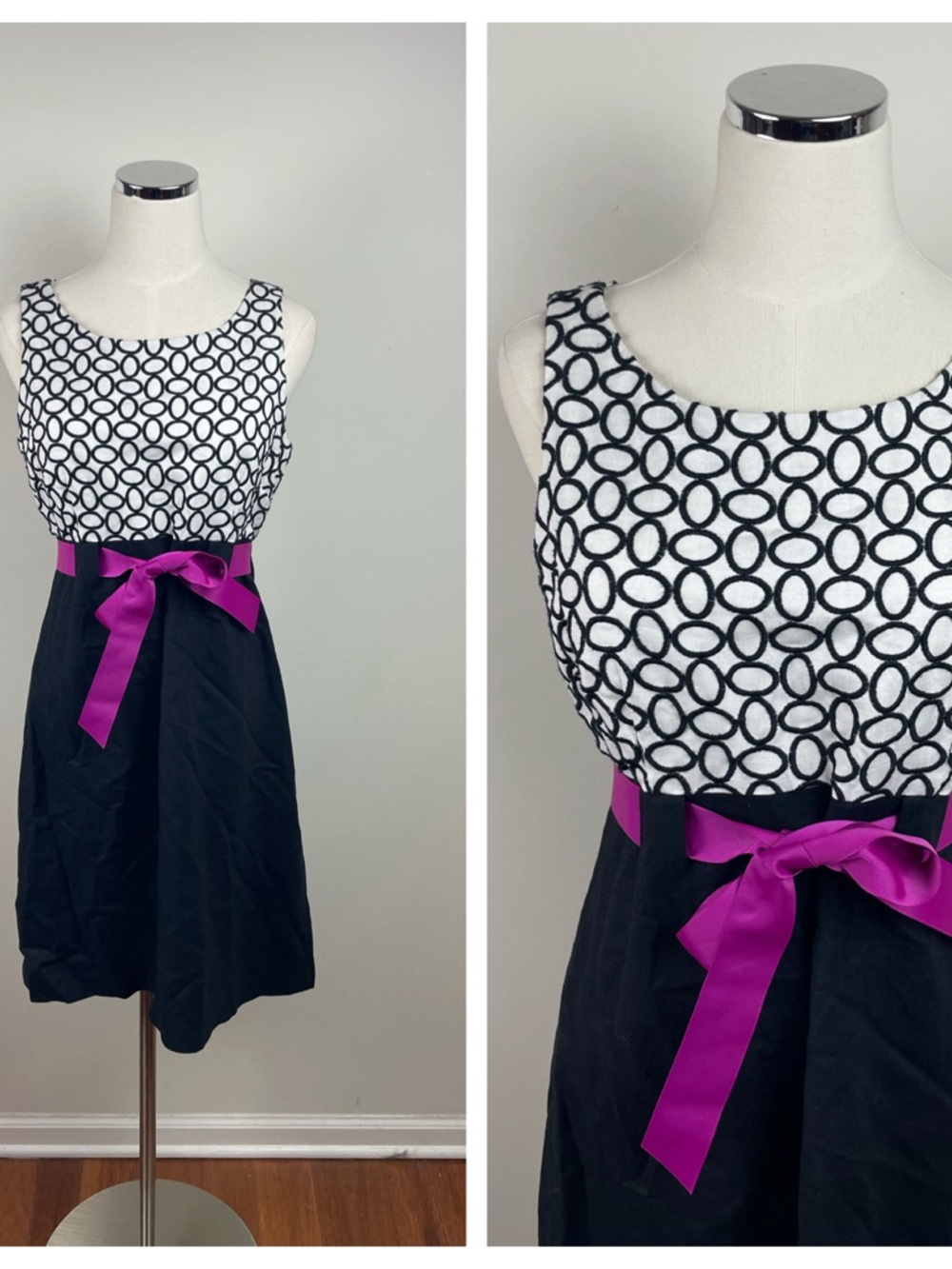 Willow Glenn Black White Purple Bow Tie Linen Blend Dress Women Size 10 New York